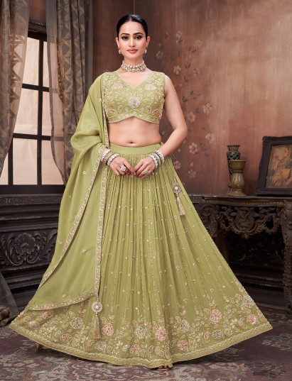 Light green soft silk lehenga with bead embroidery