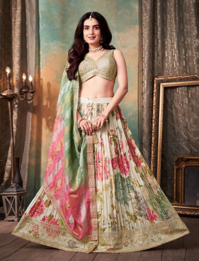 Cream floral soft silk lehenga with designer finish