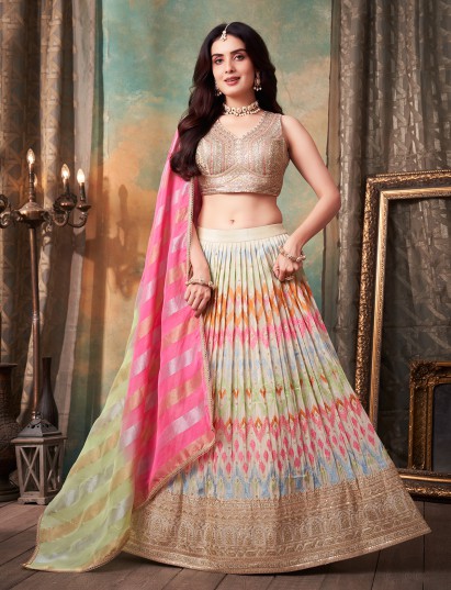 Cream designer soft silk lehenga choli with dupatta