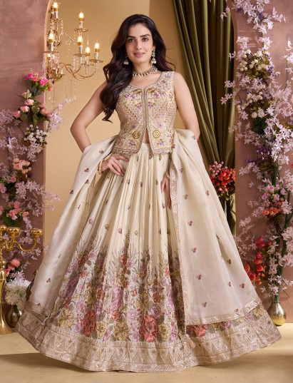 Cream silk heavy work lehenga with zardosi detailing