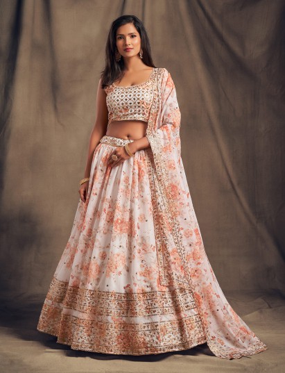 Designer white floral sequins organza lehenga choli