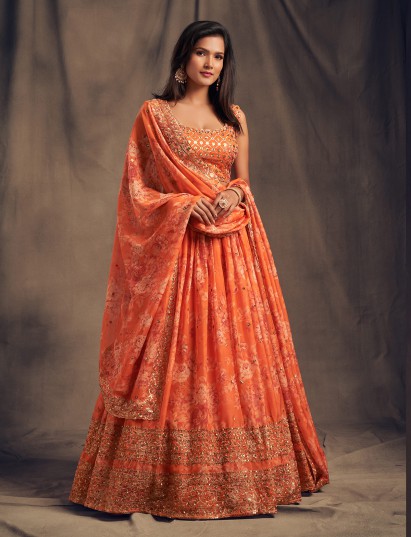 Festive orange floral zari organza lehenga choli