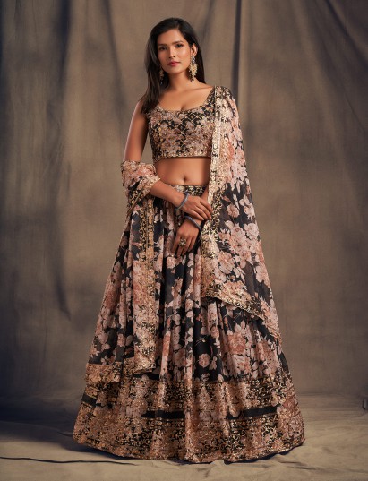 Glamorous black floral organza party lehenga choli