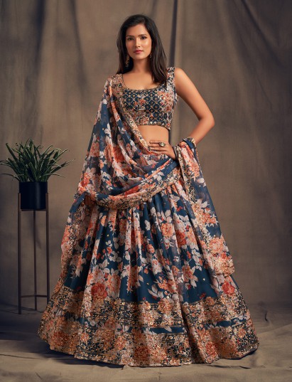 Stylish blue floral sequins organza lehenga choli