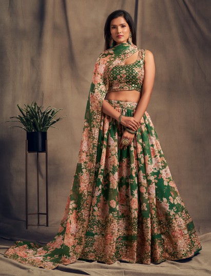 Traditional green floral festive organza lehenga choli