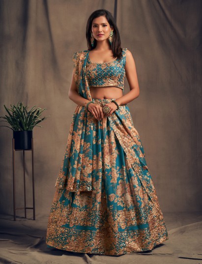 Elegant teal blue floral organza festive lehenga
