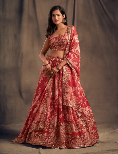 Royal red floral sequins organza lehenga choli