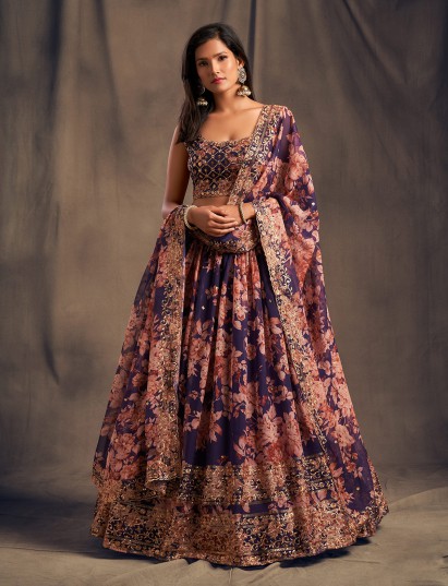 Graceful purple floral wedding organza lehenga choli
