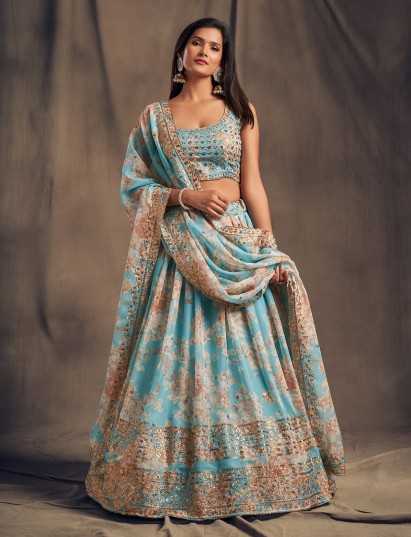 Charming sky blue floral organza lehenga choli