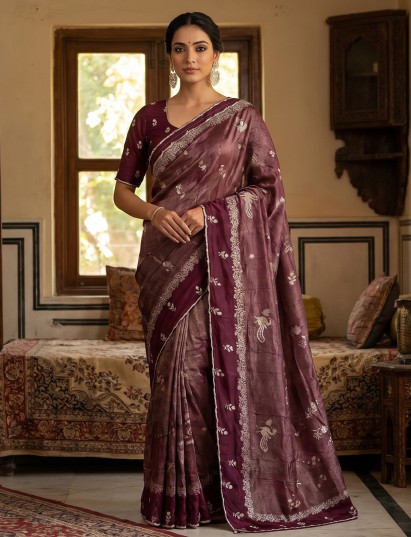 Wine dola silk saree with unstitched blouse for women
