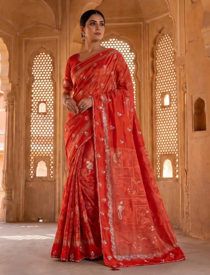 Rust orange dola silk saree with unstitched blouse