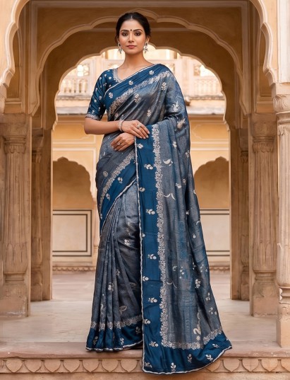 Peacock blue dola silk saree with unstitched blouse