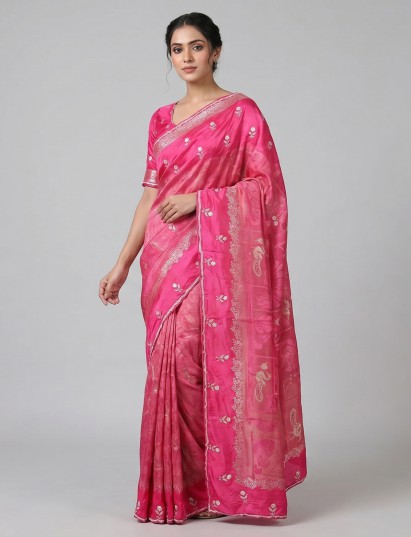 Rani pink dola silk saree with unstitched blouse