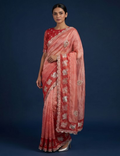 Red dola silk saree with unstitched blouse