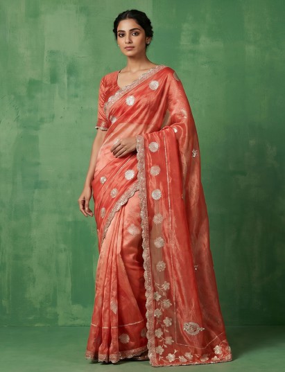 Orange dola silk saree with unstitched blouse for women