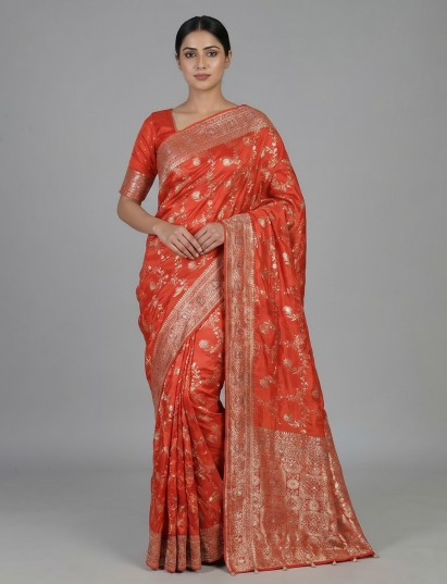Rust orange festive saree with unstitched blouse