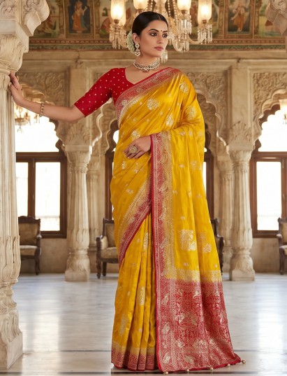 Yellow festive dola silk saree with unstitched blouse