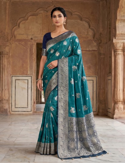 Teal blue peacock border saree with unstitched blouse