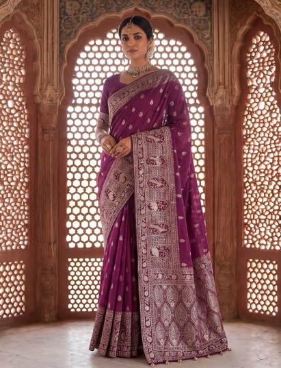 Wine dola silk festive saree with unstitched blouse