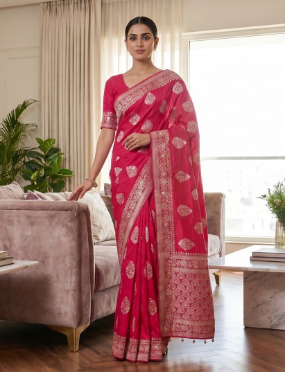 Crimson red festive dola silk saree with blouse