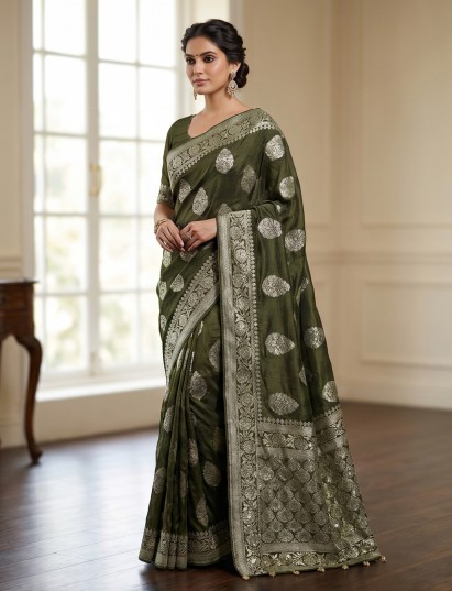 Mehndi green floral booti saree for festive wear