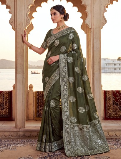Mehendi green festive dola silk saree with blouse