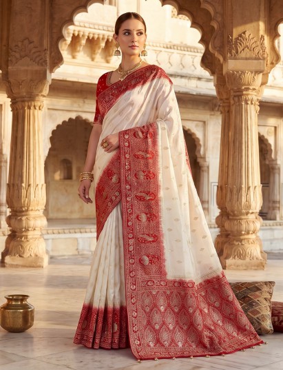 Elegant ivory dola silk saree with unstitched blouse