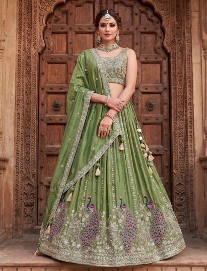 Olive royal lehenga with peacock elegance