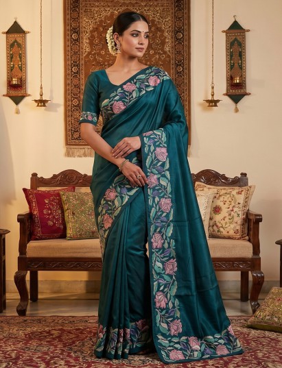 Elegant green kashmiri festive silk saree