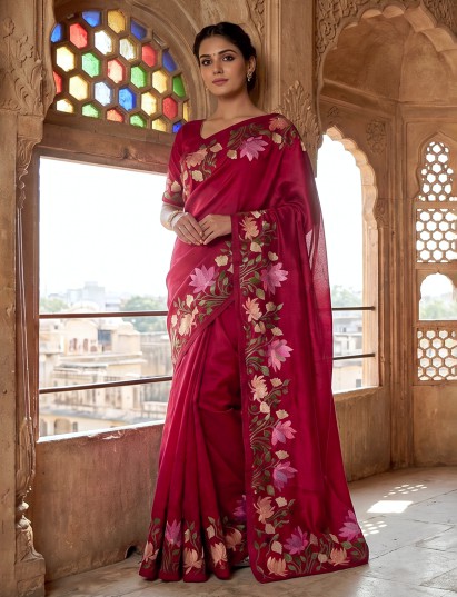 Royal red floral embroidered silk saree