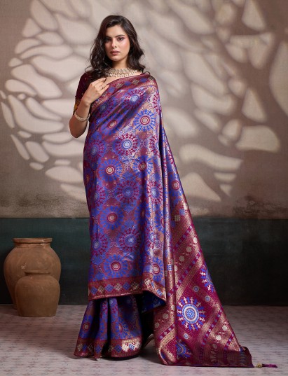 Classic blue silk saree with woven zari elegance