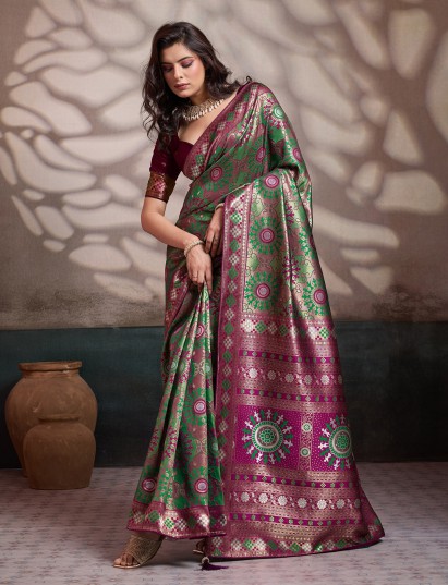 Heritage green silk saree with meenakari zari