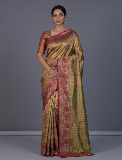 Golden Kanjivaram silk saree with woven floral design