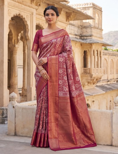Pink Kanjivaram silk saree with intricate jaal pattern
