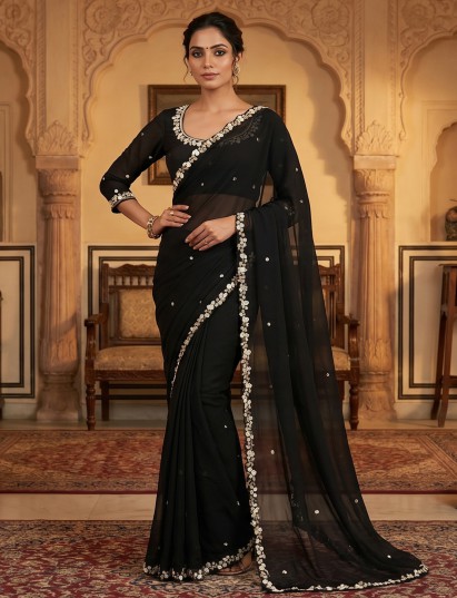 Black organza tissue saree with cutdana and sequins work