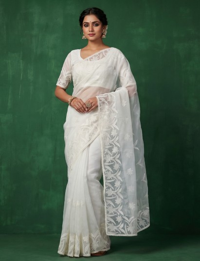 White organza tissue saree designed with classic embroidery