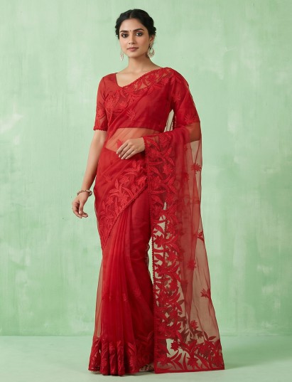 Red organza tissue saree styled for party wear