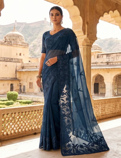 Navy blue organza tissue saree detailed with embroidery work
