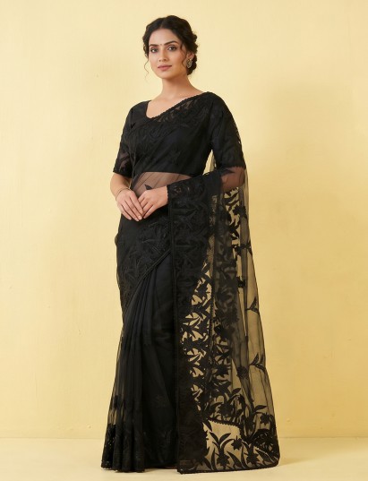 Black organza tissue saree with graceful embroidered work