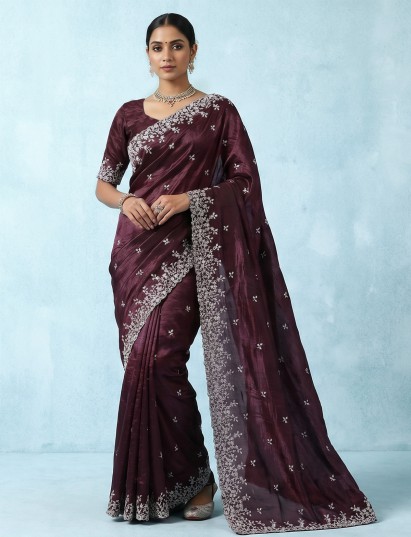 Wine organza tissue saree with dazzling sequins