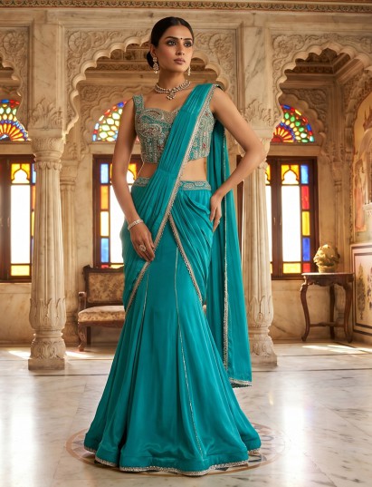 Rama green crepe silk lehenga choli with attached dupatta