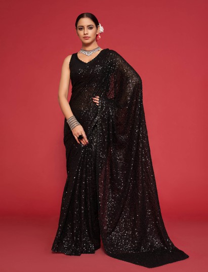 Opulent black embellished georgette saree
