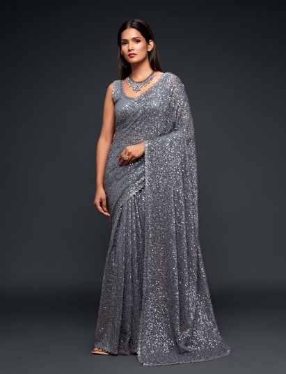 Royal slate grey festive party saree