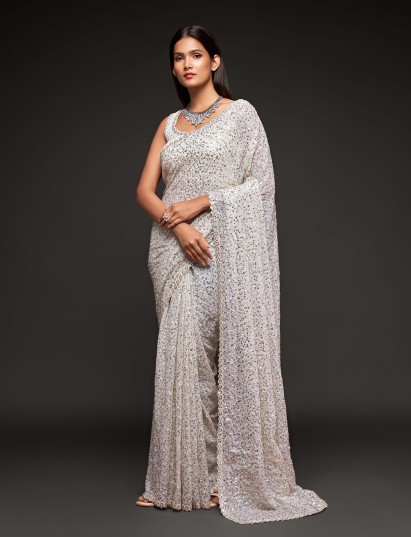 Radiant pearl white designer saree