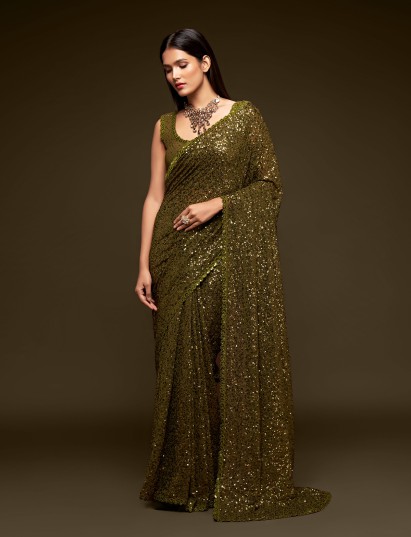 Refined olive green festive saree drape