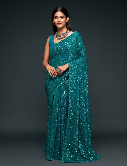 Stylish teal blue festive drape saree