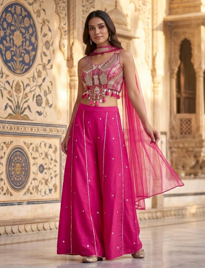 Hot pink art silk festive palazzo suit