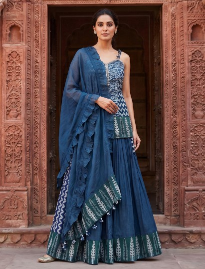 Indigo blue cotton silk festive palazzo suit