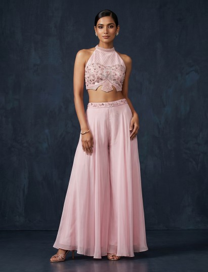 Blush pink embellished designer palazzo suit