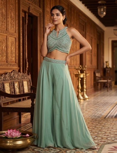 Sage green indo western festive palazzo suit